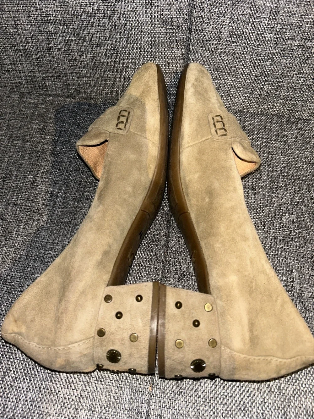 NEW-UGG ELISE -  Studded Bling Block Heel Olive Suede Penny Loafers